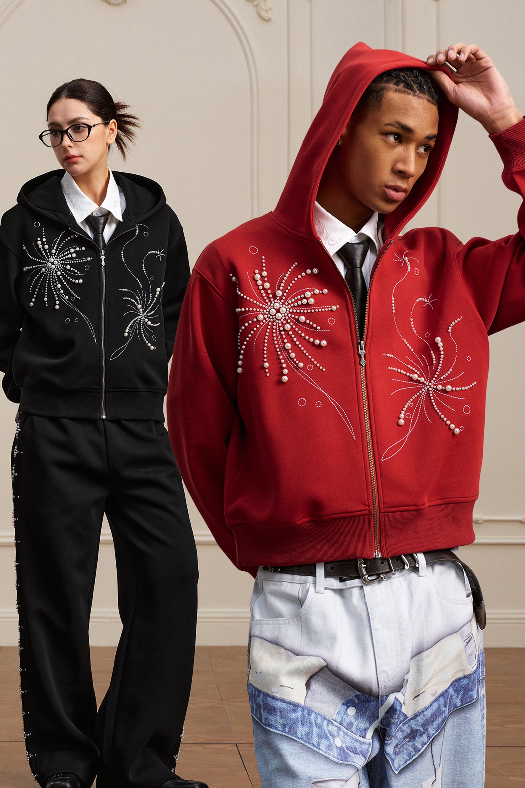 YADCREW FIREWORKS PEARL EMBROIDERED HOODIE – Baroque Galleria